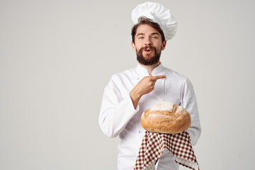 Baker with bread in hand isolated background