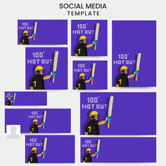 Social Media Template And Banner Set With Australia Cricket Batter Player And 100 Not Out Text On Violet Grid Background.