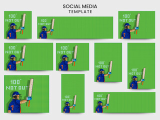 Social Media Template And Banner Design Set With India Cricket Batter Player And 100 Not Out Text On Green Grid Background.