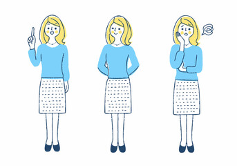 さまざまな表情の若い女性　全身　セット