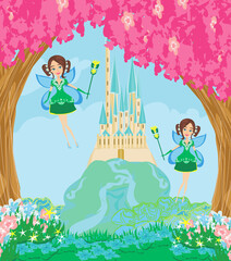 Obraz na płótnie Canvas beautiful fairies fly around the magic castle