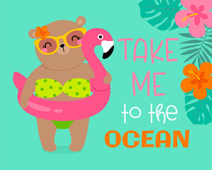 Cute bear with  inflatable flamingo illustration for summer holiday concept design.
