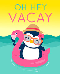 Cute penguin with inflatable flamingo cartoon illustration for summer holidays concept.