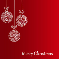 Christmas balls - hand drawn vector illustration  on red background. .Merry Christmas greeting card