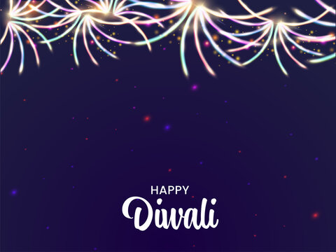 Colorful Fireworks Lighting Background With Happy Diwali Font.