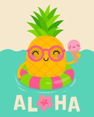 Cute cartoon pineapple floating in the ocean. Illustration design for summer holidays concept. © NTRdesign