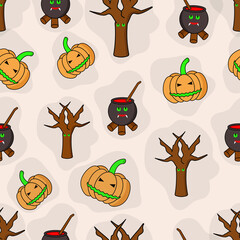 Scary Pumpkins With Bare Tree And Cauldron Decorated On Beige Background.