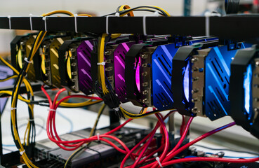 Bitcoin mining farm.  Rig for cryptocurrency miner