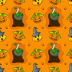 Seamless Halloween Pattern Background In Orange And Green Color.
