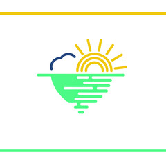 Sunset logo design. Sun, ocean, and a seagull in a heart shape. Vector logo design template.