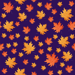 Seamless Maple Leaves Pattern Background In Orange And Purple Color.