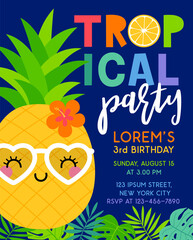 Cute pineapple and tropical leaf illustration for party invitation card template. © NTRdesign