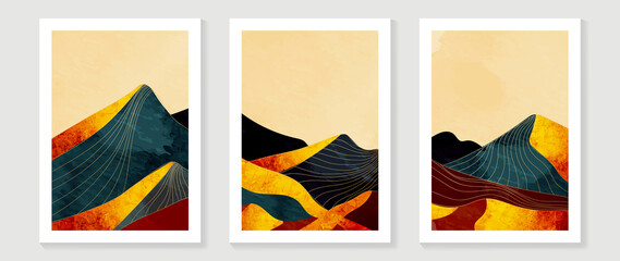 Luxury Gold Mountain wall art vector set. Landscapes abstract line art design for print, cover, wallpaper, Minimal and  natural wall art. 