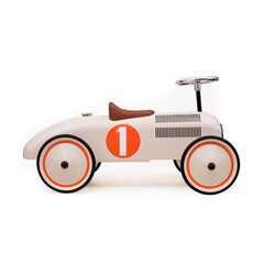 Stylish grey toy car on white background