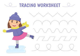 Tracing lines and handwriting practice sheet for children. A cute girl is skating on ice in winter. Writing training printable worksheet with with wavy lines on white background. Vector illustration.