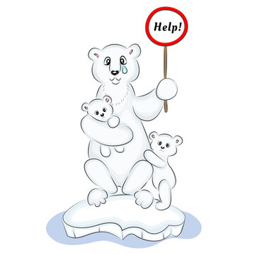 Global warming problem Polar bear with cubs North Pole, melting glaciers, climate change, sea level rise, natural disasters, sign of ecological disaster. Vector illustration