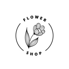 Minimal flower shop logo design. Line art floral element. Black and white ink illustration.