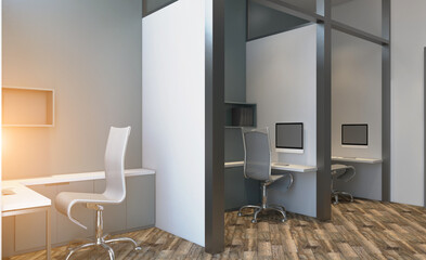 Open space office interior with like conference room. Mockup. 3D rendering.. Sunset.