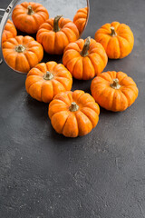 Orange decorative pumpkins with reflection in round mirror. Autumn and Halloween stylish home decor.
