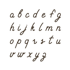 Hand-drawn English small cursive alphabet. Handwritten font. Letters, uppercase. Vector illustration isolated on white. Suitable for web and print design.