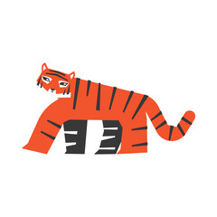 Vector isolated flat illustration for Christmas Decoration. Symbol of Chinese New Year 2022 - Year of the Tiger. Happy cute Korean tiger walks. White background