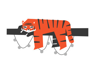 Vector isolated flat concept for Christmas Decoration. Symbol of Chinese New Year 2022 - Year of the Tiger. Siberian tiger sleeps on branch decorated garland. Logo for illustration winter holiday