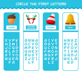 Circle the first letters of cartoon christmas. Matching game. Educational game for pre shool years kids and toddlers