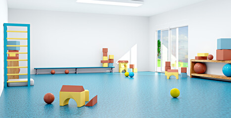 3D illustration with kindergarten sports hall - obrazy, fototapety, plakaty