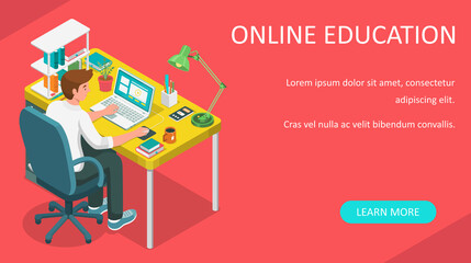Learning online at home. Student sitting at desk and looking at laptop. E-learning banner. Web courses or tutorials concept. Distance education flat isometric illustration.
