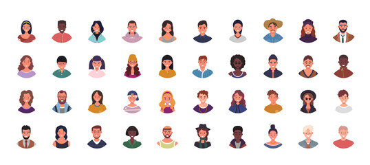 Set of various people avatars illustration. Multiethnic user portraits. Different human face icons. Male and female characters. Smiling men and women.
 - obrazy, fototapety, plakaty