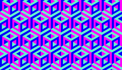 Cubes. Seamless vector geometric 3D pattern. Optical illusions. Op Art. Endless template for fabric, textile or wrapping. Stylish background. Wallpapers. Electric bright colors. Luxury 3D Tiles.