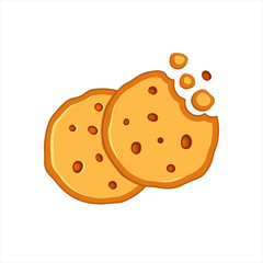 Two chocolate chip cookies icon of chocolate cake on white background. Flat cookie icon raster illustration. Bitten cookies silhouette or logo. Round yellow and brown biscuit symbol isolated on white