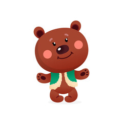 Little bear character icon. Illustration of a funny cartoon brown bear with a green sleeveless jacket isolated on a white background. Vector 10 EPS.
