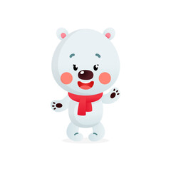 Little polar bear. Illustration of a cute cartoon polar bear with a scarf isolated on a white background. Vector 10 EPS.