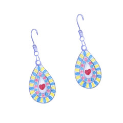 Boho style earrings. Large earrings watercolor illustration. Beautiful accessories.