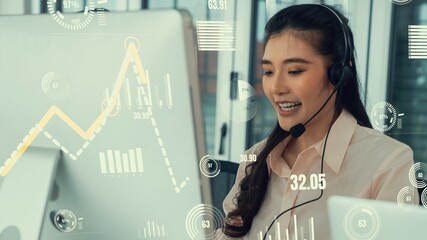Customer support call center provide data with envisional graphic . Business and communication technology concept .