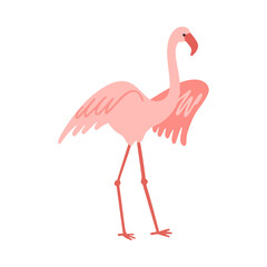 Standing cute pale pink flamingo open wings vector illustration
