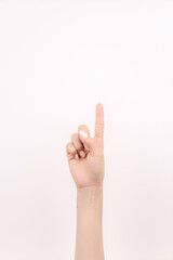 hand showing number one In front of the white background,