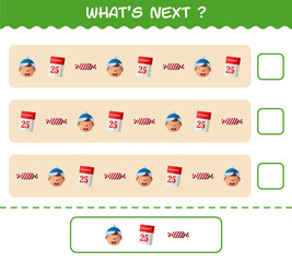 What's comes next educational game of cartoon christmas. Find the regularity and continue the row task. Educational game for pre shool years kids and toddlers