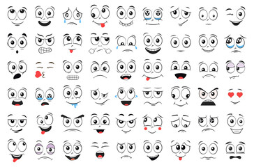 Cartoon faces set. Angry, laughing, smiling, crying, scared and other expressions. Illustration.
