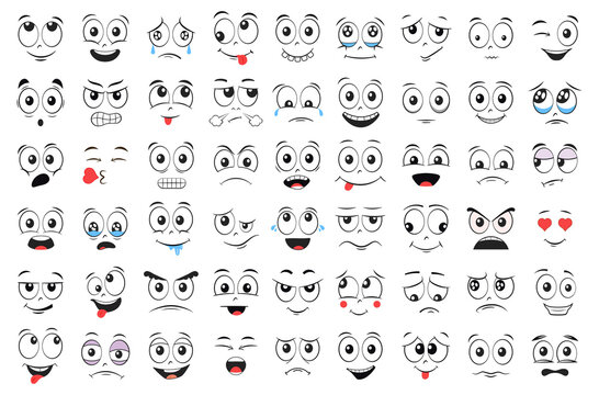 Cartoon faces set. Angry, laughing, smiling, crying, scared and other expressions. Illustration.
