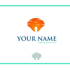 Human silhouette with open arms looking to sunset. Breath energy, yoga pose relaxing. Logo design vector template.