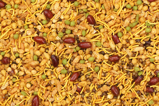 Indian Delicious And Crunchy Mix Namkeen Food Also Know As Mixture, Chivda, Farsan, Namkin, Nimco or Nimko Made of Gram Flour And Mixed With Dry Fruits