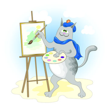 Cartoon grey cat stands at the easel and paints a picture with a brush and paints