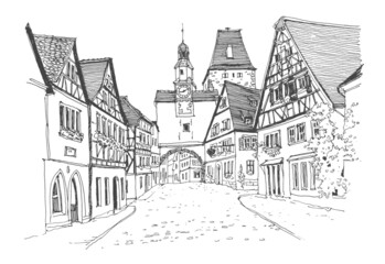Travel sketch of Bremen, Germany. Historical building line art. Freehand drawing. Hand drawn travel postcard. Hand drawing of Bremen. Urban sketch in black color isolated on white background. - obrazy, fototapety, plakaty