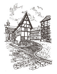 Travel sketch of Quedlinburg, Germany. Hand drawing of old town, Quedlinburg. Historical building line art. Hand drawn travel postcard. Urban sketch in black color isolated on white background.
