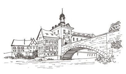 Travel sketch illustration of  Bamberg, Germany, Europe. Sketchy line art drawing with a pen on paper. Hand drawn. Urban sketch in black color isolated on white background. Freehand drawing.  - obrazy, fototapety, plakaty