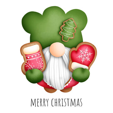 Digital painting watercolor Christmas gnome cookies islolated on white background.