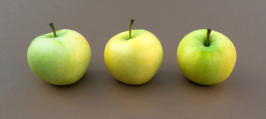 Ripe juicy yellow-green apples on a wood background