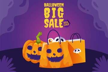 Halloween Pumpkin sale 50 percent off discount concept. Banner and background vector illustration